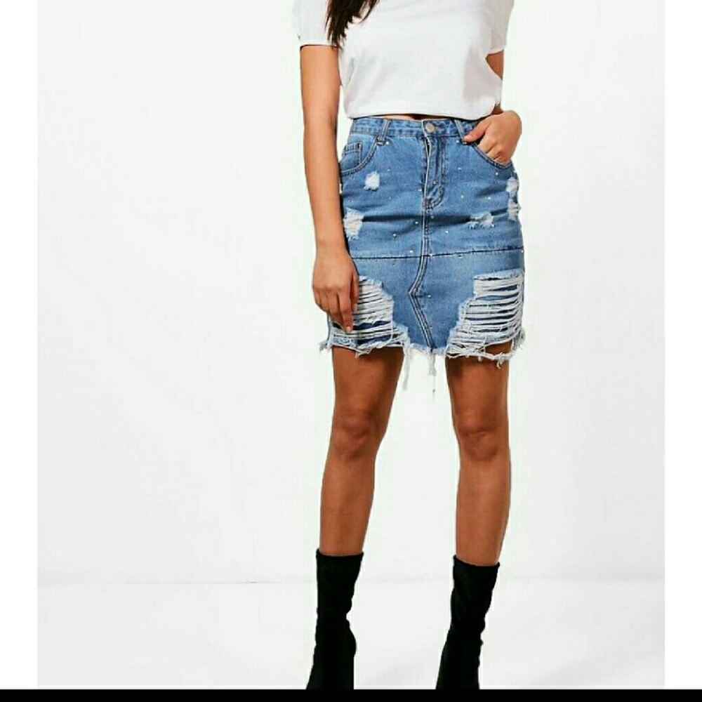 Tall Charley Distressed Diamante Denim Skirt